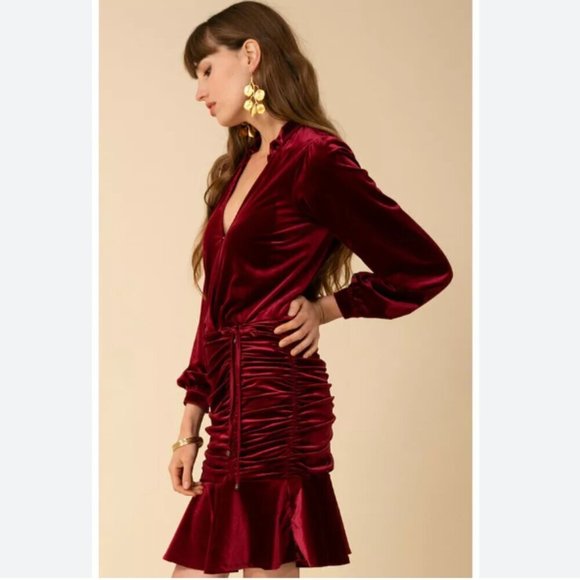 Hale Bob Manon Shirred Velvet Faux Wrap Mini Dress Burgundy Size XS NWT - Picture 1 of 8